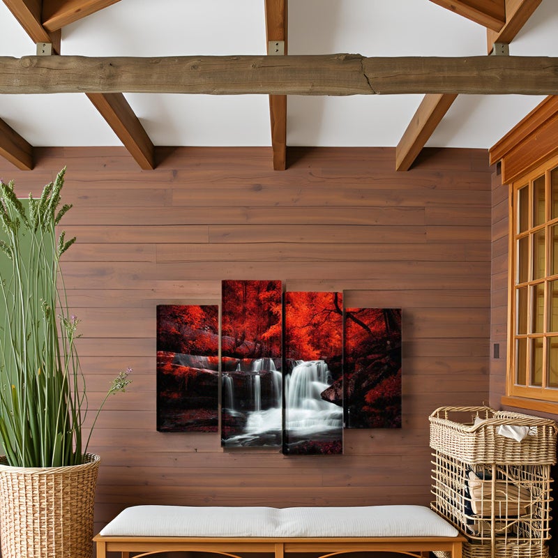 LevvArts Black White and Red Wall Art 4 Pieces Red Tree Forest Waterfall Picture Canvas Print Autumn Landscape Paintings Framed for Office Home Living Room Decor Ready to Hang - Image 5